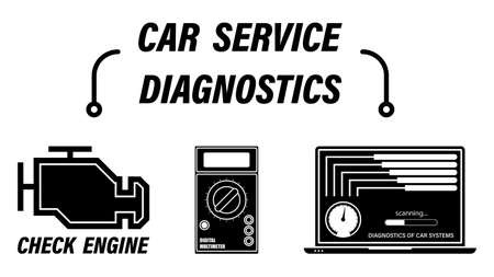 Infographics, repair service. Computer diagnostics of car operation, checking car battery charge level using a tester, digital multimeter. Set of vector iconsのイラスト素材