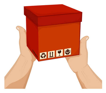Mens hands hold a box with barcode and cargo storage signs. Shipping and home delivery. Gifts and surprises with courier delivery. Cartoon vector on white backgroundのイラスト素材