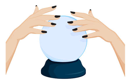 fortune teller hands over a crystal ball. Prediction of future, astrology. Cartoon vector on white backgroundのイラスト素材