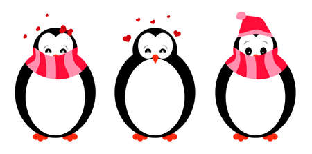 three cute penguins girls in winter clothes, illustration in cartoon styleの写真素材