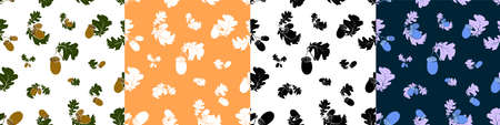 Set of seamless patterns with oak autumn leaves and acorns. Oak Grove. Color vector in minimal style...