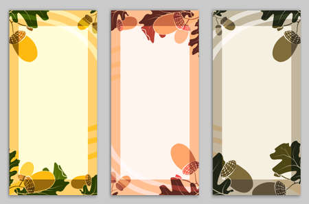 Set of Thanksgiving cards with oak leaves and acorns. Set of abstract templates for greeting cards, banners, brochures. Vectorのイラスト素材