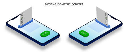 Smartphone with voting sheet and selection button on screen. Online e-voting isometric concept....