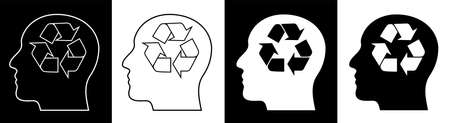 human head with recyclable sign inside. Arrow sign for recycling waste, used raw materials. Caring...