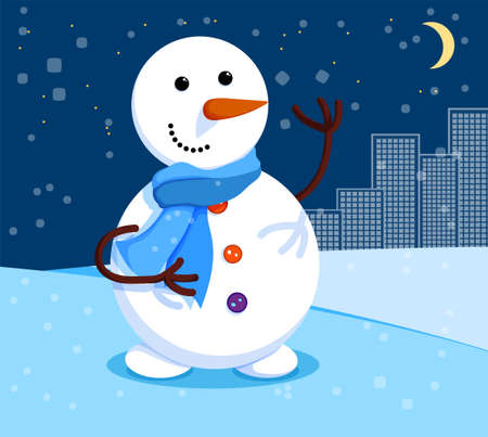 kind snowman stands at night under the moon. Winter cityscape and snowman. Meeting of Christmas and New Year. Winter fun. Cartoon vectorのイラスト素材
