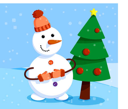 cheerful snowman stands in front of elegant New Year tree. Winter landscape and snowman. Meeting of Christmas and New Year. Winter fun. Cartoon vectorのイラスト素材