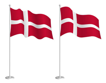 Denmark flag on flagpole waving in the wind. Holiday design element. Checkpoint for map symbols. Isolated vector on white backgroundのイラスト素材
