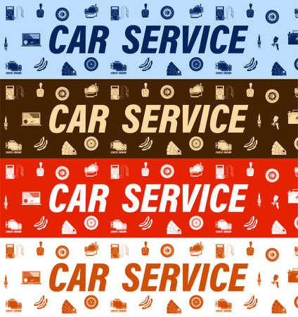 auto repair shop, workshop, car service web banner. Maintenance of technical condition of machine, inspection before sale. Painting, tire and oil change, diagnostics, car wash. Vector infographicsのイラスト素材