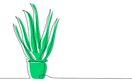 Home aloe in flower pot in one continuous line. Houseplants, succulents of Mexican desert. Vectorのイラスト素材