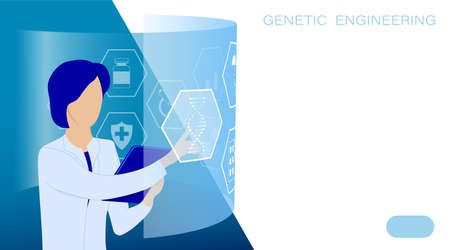Research Institute. Student, medical scientist in white coat examines DNA spiral behind touch screen. Molecular engineer page. Laboratory scientist is conducting research experiment. Vectorのイラスト素材