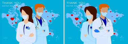 Thanks to doctors and nurses for their work as disease spreads around world. Doctor and nurse on background of continents of earth. Concept, web bannerのイラスト素材