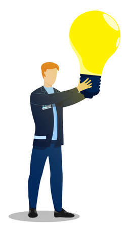 man, creative worker holding large glowing light bulb in his hands. New idea, creative thought. Business brainstorming to solve problem. Vector isolated on white backgroundのイラスト素材