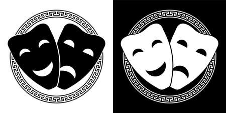 set of comedy and tragic theatrical masks framed in Greek ornament. Theatrical premieres, circus poster. Vectorのイラスト素材