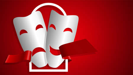 white comedy and tragic theatrical masks on red background in paper style with red ribbon and frame. heatrical premieres, circus poster. Vectorのイラスト素材