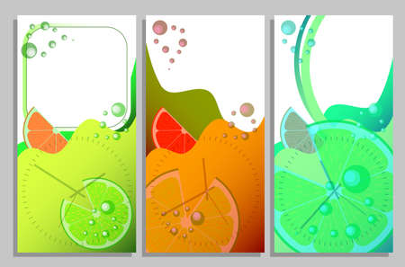 Design template vertical sale flyer. Set of templates for greeting cards, banners, brochures. Juicy orange with pulp and bubbles of carbonated drink. Vectorのイラスト素材