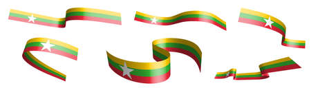Set of holiday ribbons. Flag of republic of myanmar waving in wind. Separation into lower and upper layers. Design element. Vector on white backgroundのイラスト素材