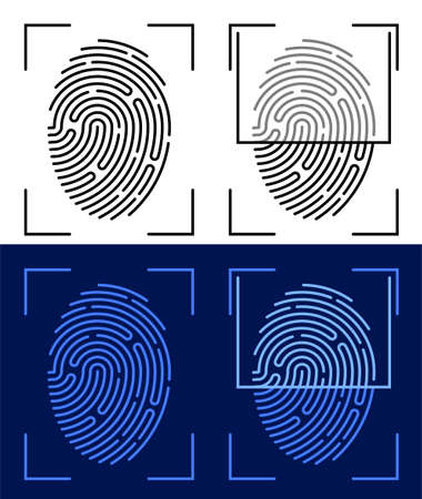 person digital fingerprint icon for mobile identification applications. Biometric identification of human data. Unique pattern on finger. Search devices for scanning data. Vectorのイラスト素材