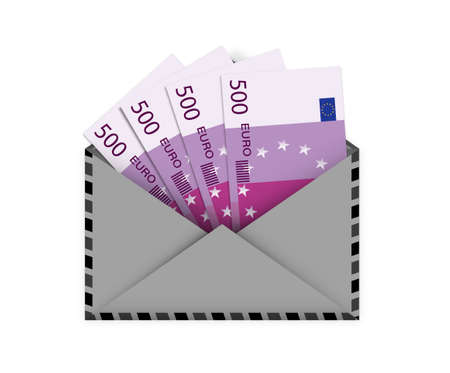 realistic open postal envelope with Euro banknotes inside. Concept on the theme of bribes, salaries in envelopes, illegal circulation of money. Isolated vector on white backgroundの写真素材