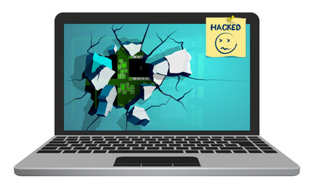 Silver broken laptop hacked by hacker with screen flying into fragments. Computer security, reliability of data storage in network. Installation of security programs. Vectorのイラスト素材