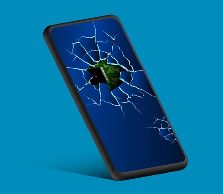 smartphone with broken touchscreen and an electronic board inside. Broken smartphone screen. Repair of mobile phone in service center. Vectorのイラスト素材