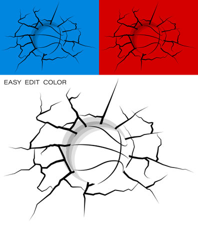 ball for basketball hit wall powerfully and damaged, cracks on wall. Sports design element. Active lifestyle. Vector on white or color background with cracksのイラスト素材