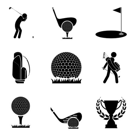 set of golf icons. Ball, cup, athlete, golf course with flag, sport bag. Active lifestyle. Vector isolated on white backgroundのイラスト素材