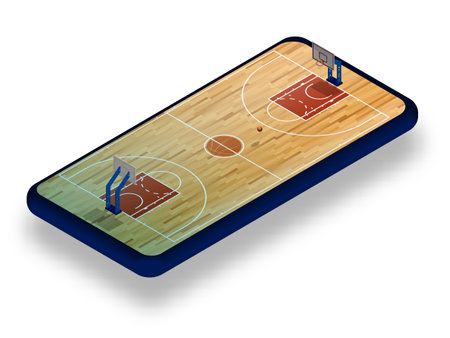 sports basketball court with backboard, hoop and ball on smartphone screen. Online games, modern technologies in sports and entertainment industry. Ismetric vectorのイラスト素材