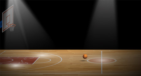 bright beam illuminates sports basketball court with backboard, hoop and ball for banner. Background for competition. Vectorのイラスト素材