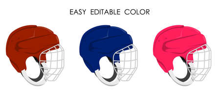open hockey helmet with protective grill isolated on white background. Ice hockey field player protective gear. Vector in cartoon styleのイラスト素材