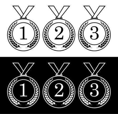 set of sports medals with laurel wreath. Templates, layouts for sports design decoration. First, second and third place in the competition. Vector iconsのイラスト素材
