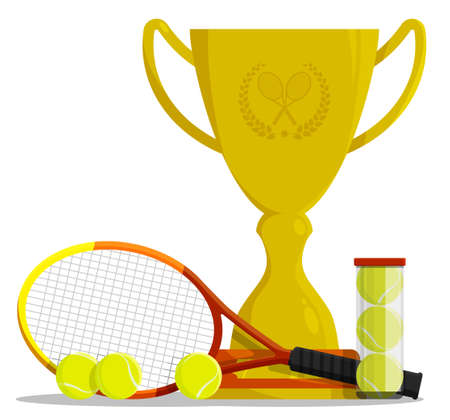 Prize sports cup with ball for participation in tennis competitions. Award trophy to winner of tournament. Vector in flat styleのイラスト素材