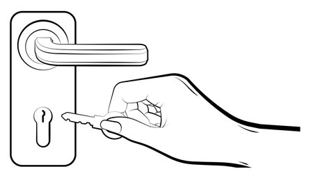 doorknob in black and white style. woman hand opens or closes door lock with key. Vectorのイラスト素材