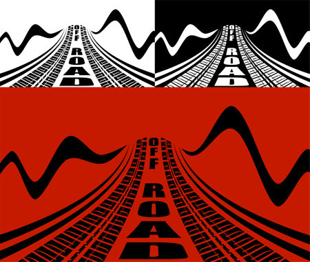 decorative inscription OFF ROAD on background of automobile wheel tire. Car wheel imprint. Banner for extreme sports competitions. Vectorのイラスト素材