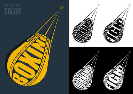 Volumetric letters with name BOXING, FIGHT, TOURNAMENT on background of sports boxing punching bag. Element for print and design of sports competitions. Isolated vectorのイラスト素材