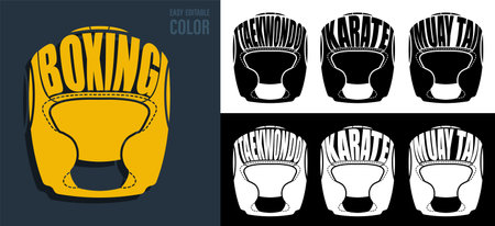 Volumetric letters with name BOXING, taekwondo, karate on background of sports protective helmet. Element for print and design of sports competitions. Isolated vectorのイラスト素材