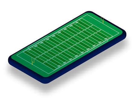 sports american football court with gates and ball on smartphone screen. Online games, modern...