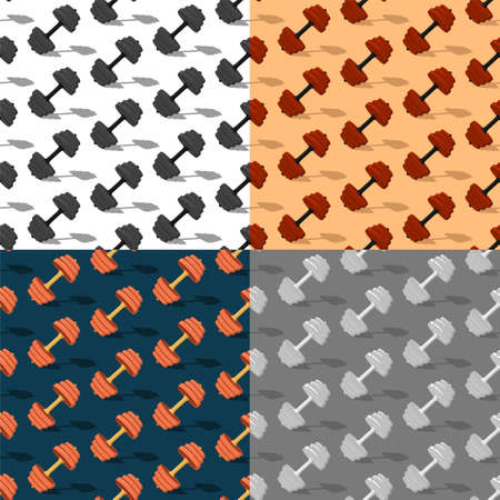 set of seamless patterns with colored sports dumbbell for fitness in gym. Healthy lifestyle. Ornament for decoration and printing on fabric. Design element. Vectorのイラスト素材