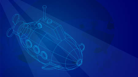 toy submarine in wireframe low poly mesh on blue underwater background. Children toys and entertainment. Underwater research. 3d vectorのイラスト素材