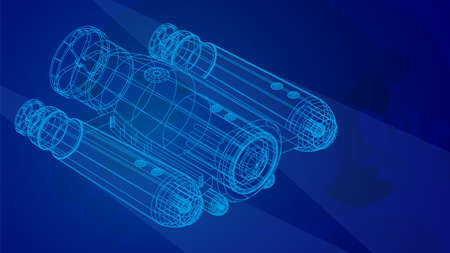 autonomous underwater robot drone for seabed exploration and deep sea video filming in wireframe low poly mesh on blue underwater background. 3d vectorのイラスト素材