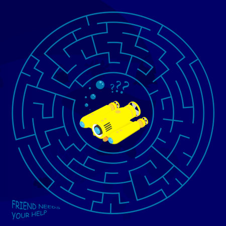 Children games. Round maze, labyrinth. Underwater adventures. Yellow exploration underwater robot is lost in maze. Vectorのイラスト素材