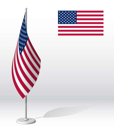 flag of United States of America on flagpole for registration of solemn event, meeting foreign guests. National independence day of USA. Realistic 3D vector on whiteのイラスト素材