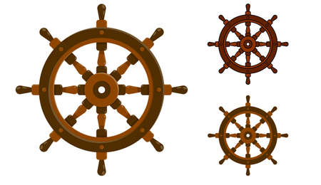 Steering wheel ship icon, fishing boat. Yacht management at sea. Flat color vector with stroke in different stylesのイラスト素材