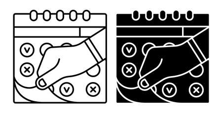 Male hand tearing sheet of wall calendar icon. Marking days of week, months on calendar. Simple black and white vectorのイラスト素材