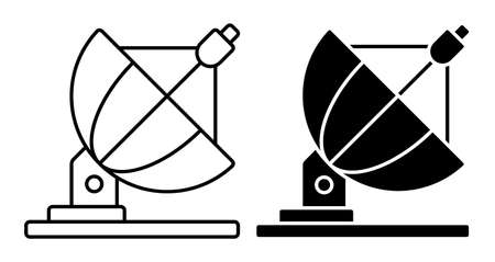 Linear icon radio telescope for exploring universe and space. Ostronomical observations of stars. Discoveries in astrophysics. Simple black and white vectorのイラスト素材