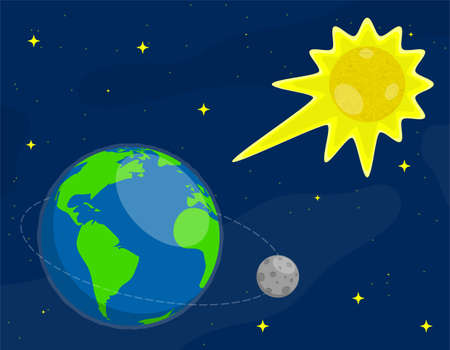 sun shines on surface of Earth and Moon. Star of planet earth. Astronomy, observation of sun activity and weather. Colored vector in cartoon styleのイラスト素材