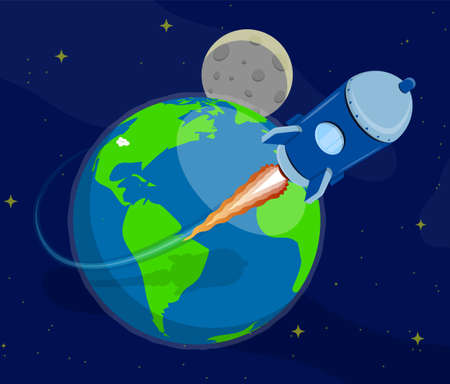 Rocket flying from planet earth into open space to stars. Flights to Mars, Moon and planets of solar system. Cartoon vectorのイラスト素材
