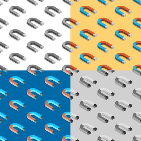 set of seamless patterns with 3d red blue magnet in shape of horseshoe. Ornament for decoration and printing on fabric. Design element. Vectorのイラスト素材