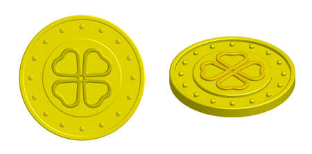 Isometric gold coin mascot with four leaf clover. Amulet for attracting good luck. 3d vectorのイラスト素材
