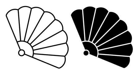 Linear icon. Theatrical fan. Female folding fan of Japanese geisha. Simple black and white vector isolated on white backgroundのイラスト素材