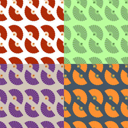 set of seamless patterns with folding fan of Japanese geisha. Ornament for decoration and printing on fabric. Design element. Vectorのイラスト素材